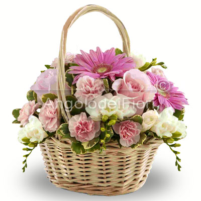 Basket with pink and white flowers