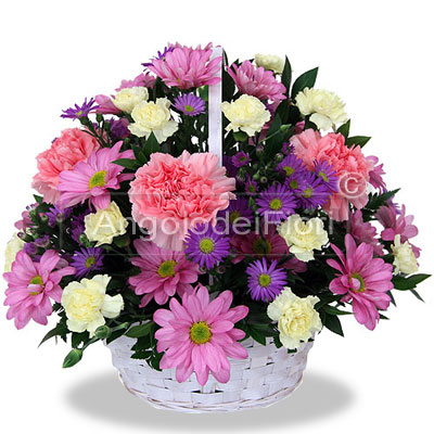 Basket of white and pink flowers