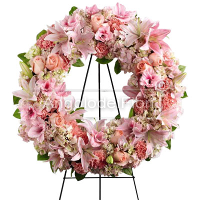 Funeral wreath of pink flowers