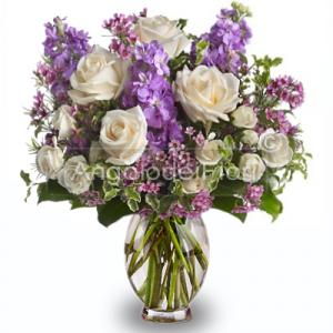 Bouquet of pink roses and lilac flowers lilac