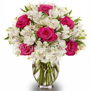 Bouquet di Alstroemerie Bianche e Rose Rosa