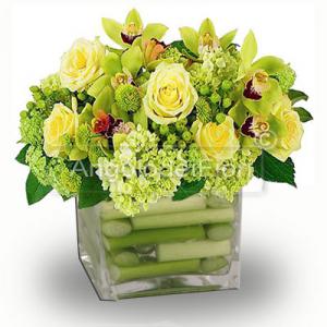 Composition of Rose and orchid flowers in glass vase