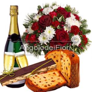 Bouquet con fiori Natalizi con Torrone Panettone Spumante