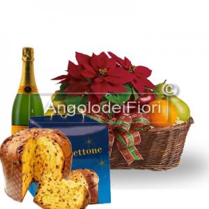 Basket with Poinsettia and Fruit and Panettone and Sparkling Wine