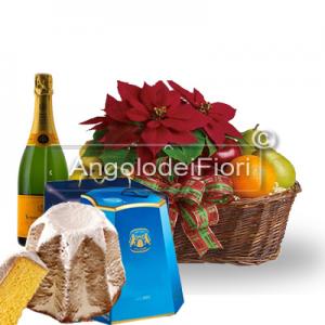 Basket with Poinsettia and Fruit and Pandoro and Sparkling Wine